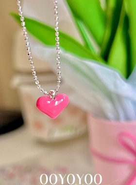 粉色爱心925纯银圆珠链女锁骨链
