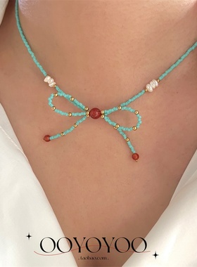 珍珠天然石项链蓝色撞色锁骨链女