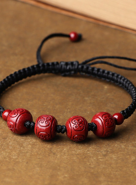 紫金新款原创设计朱砂六字真言手链工编织回纹桶珠款佛珠宝贝惊吓