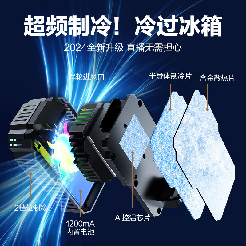 ZESON手机散热器降温神器直播专用静音不插电适用苹果华为mate60小米黑鲨无线可充电风扇游戏支架半导体制冷