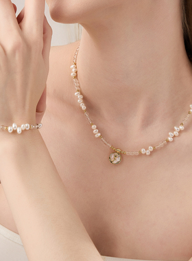 LADECORATION淡水珍珠系列项链白水晶玫瑰贝母项圈轻奢气质锁骨链