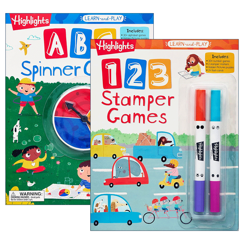 英文原版 Highlights Learn-and-Play 亮点边玩边学系列2册 123印章游戏/ABC旋转游戏 学龄前儿童字母学习活动书 含抽认卡 进口书