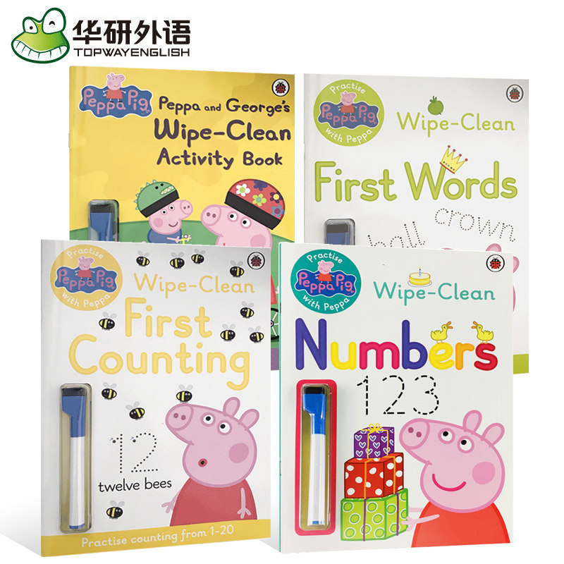 正版 wipe clean 可擦写英文练习册4本 英文原版 Practise with Peppa Pig 小猪佩奇英语单词数字数学游戏 进口擦擦书