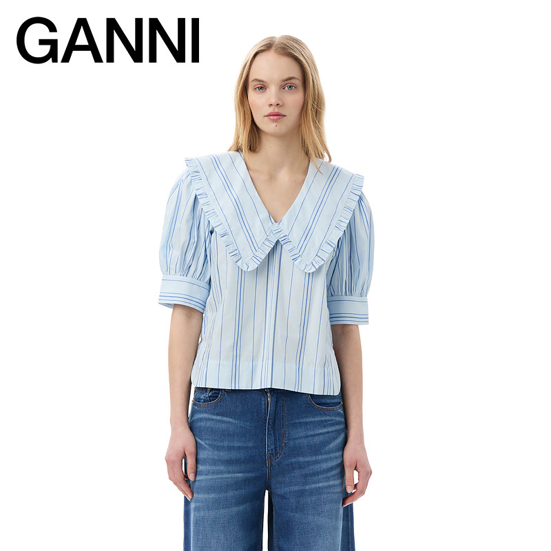 【甄选折扣】GANNI女装 石楠色条纹娃娃领泡泡袖衬衫 F9685694,淘宝优惠券,粉丝福利购,淘宝优惠卷