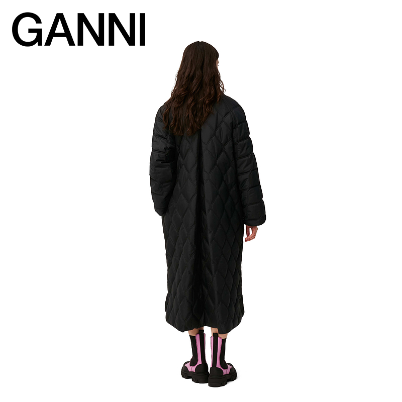 【会员折享】GANNI女装翻领侧开叉长款绗缝大衣棉服外套 F7327099 - 图0