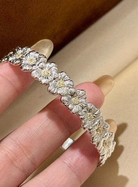 意大利宫廷复古甜酷风手工拉丝小雏菊S925纯银高级感气质手镯女