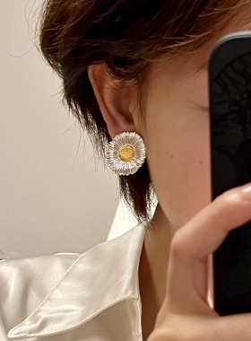意大利复古中古宫廷风粉蓝黄玛瑙小雏菊耳环耳钉女925纯银大号