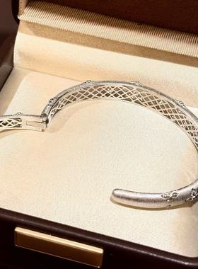 意大利中古S925纯银手工拉丝镂空四叶草开口手镯轻奢百搭手环秋冬