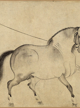 赵孟饮马图纸本水墨骏马画真迹高