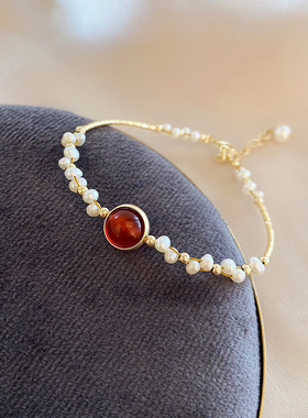 天然珍珠红玛瑙手链2022新款女生