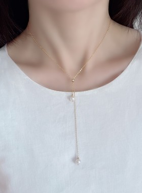 天然淡水珍珠美国进口14K包金配件可调节长短项链锁骨链四季百搭