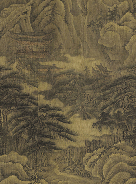 五代巨然松岩萧寺卷台北故宫藏真迹复制画绢画山水名画客厅装饰画