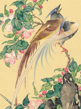 新品清 屈兆麟花鸟图立轴 花鸟画卷仿古字画高清微喷复制临摹范本