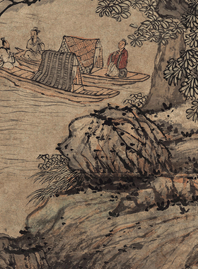 明 蓝瑛 秋山渔隐图卷轴挂画书房玄关客厅装饰画国画竖版高清微喷