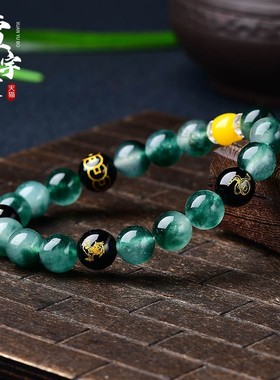 绿色水晶水草玛瑙三合蛇鸡牛手串