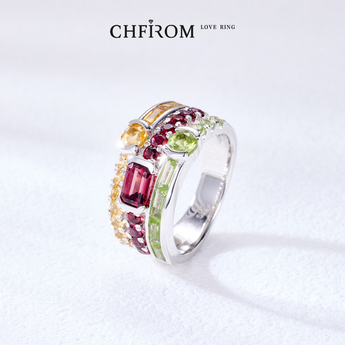 S925纯银天然宝石戒指黄水晶石榴石橄榄石三层一体式叠戴设计指环 - 图2