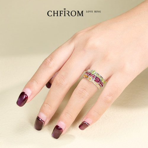 S925纯银天然宝石戒指黄水晶石榴石橄榄石三层一体式叠戴设计指环 - 图1