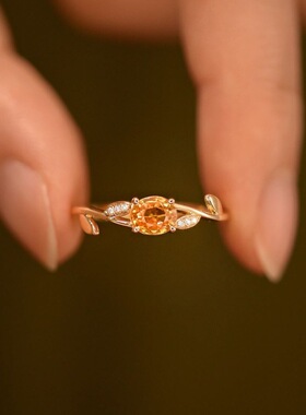 法式轻奢玫红色锆石枝叶戒指女s925纯银小众开口指环百搭设计