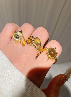 金色虎眼石中古戒指女款复古高级叠戴食指戒小众设计轻奢优质饰品