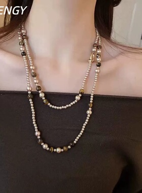 美拉德天然虎眼石珍珠毛衣链