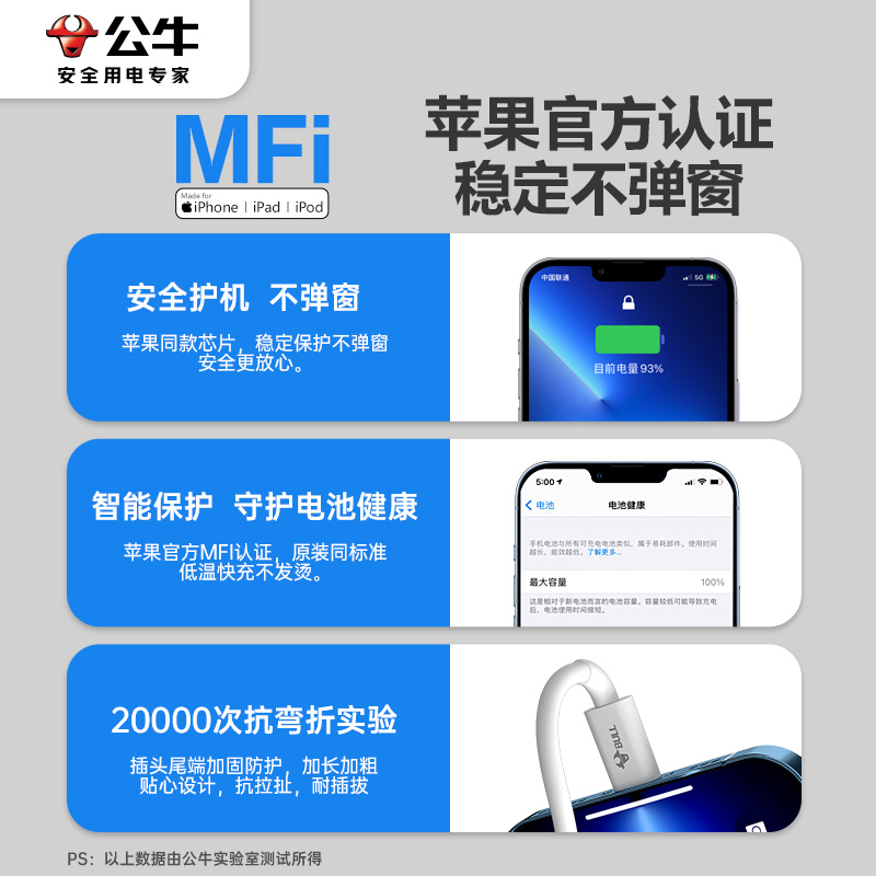 公牛苹果数据线适用iPhone14 13 12 11防折断pd快充充电器正品MFi认证车载加长充电宝充电器线usb手机充电线