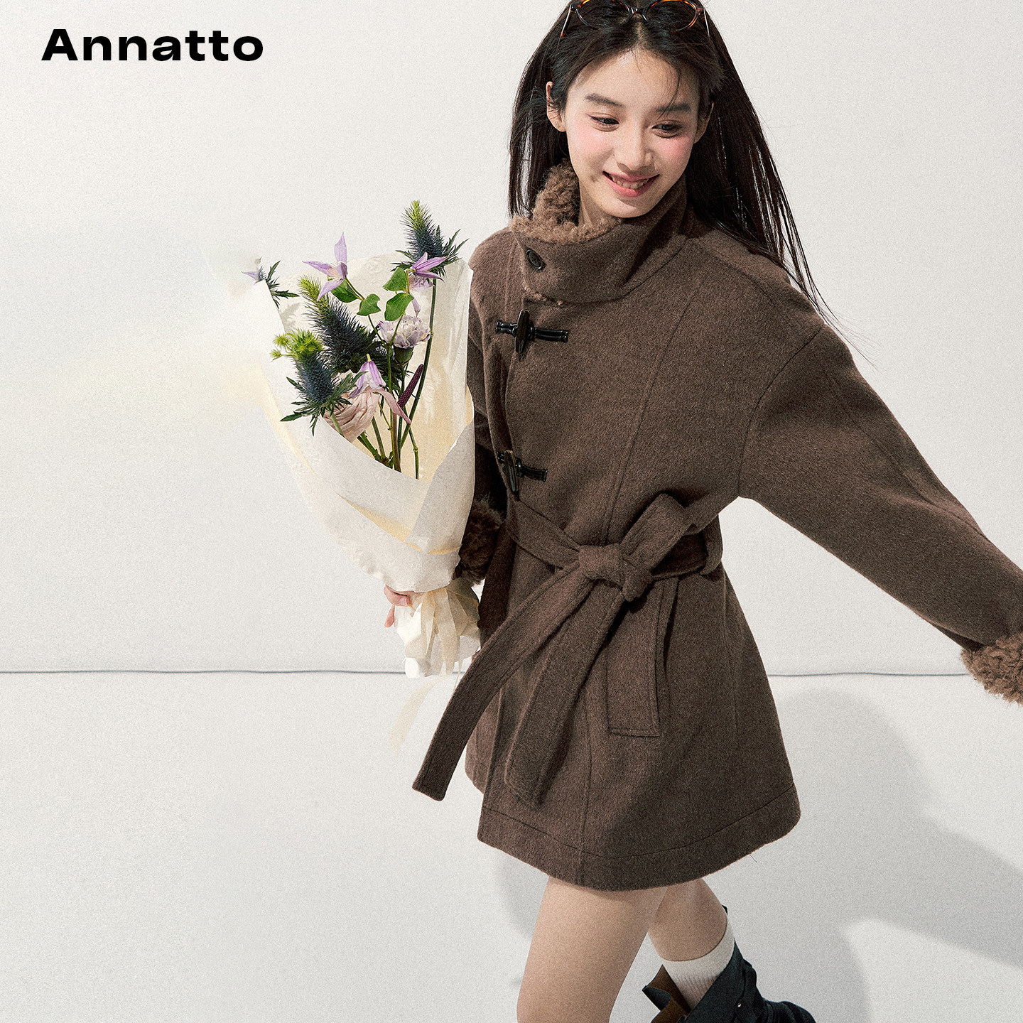 ANNATTO 风起时 冬季含羊毛棕色收腰呢子中长款大衣毛毛外套女,淘宝优惠券,粉丝福利购,淘宝优惠卷