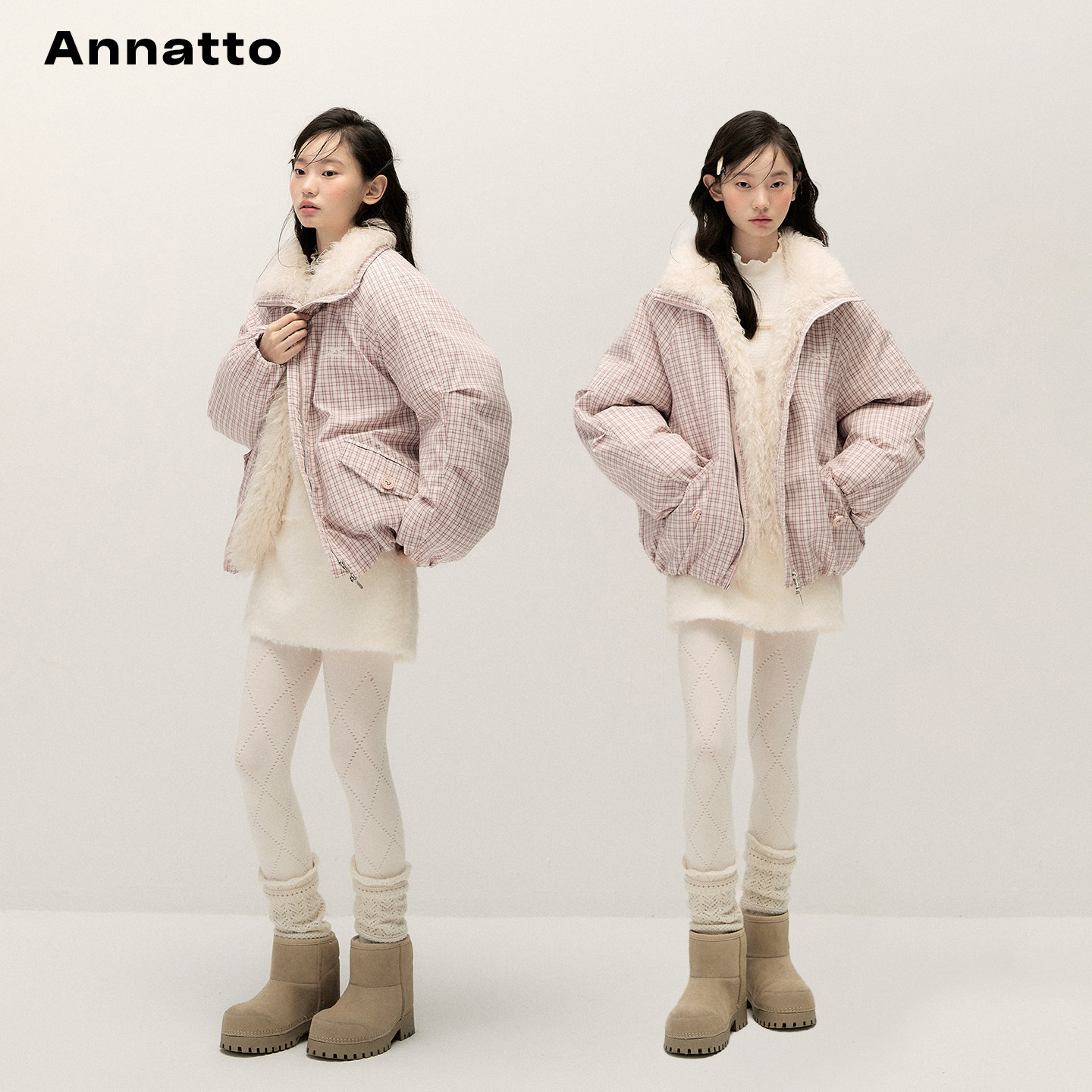 ANNATTO 莓果绒冬 冬季宽松慵懒少女风粉色毛领格子短款棉服外套 - 图2