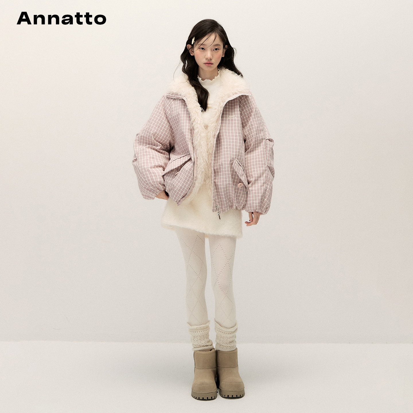 ANNATTO 莓果绒冬 冬季宽松慵懒少女风粉色毛领格子短款棉服外套 - 图0