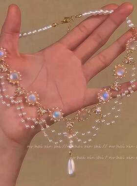 法式月光石珍珠流苏项链女复古重工设计感多层叠戴锁骨链宫廷风潮