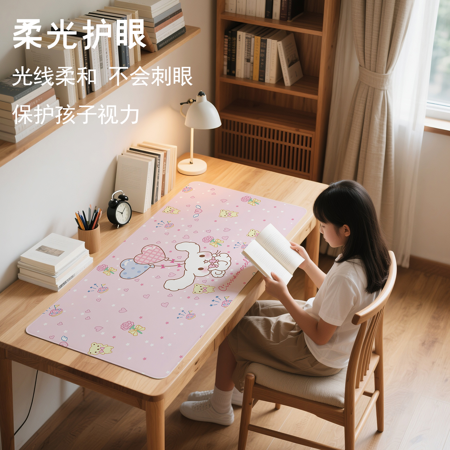 皮革书桌布卡通粉色可爱兔子少女风防水防油工位桌垫书桌学生吃饭 - 图1