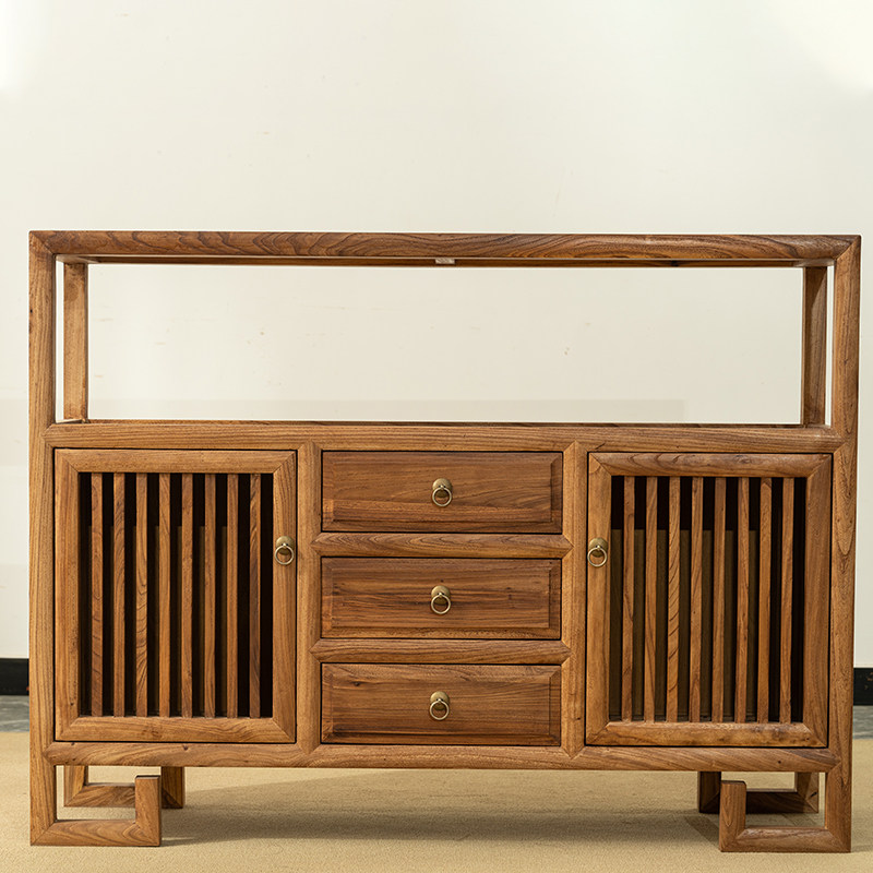 老榆木新中式实木茶水柜储物柜客厅家用靠墙茶室餐边柜入户玄关柜 - 图3