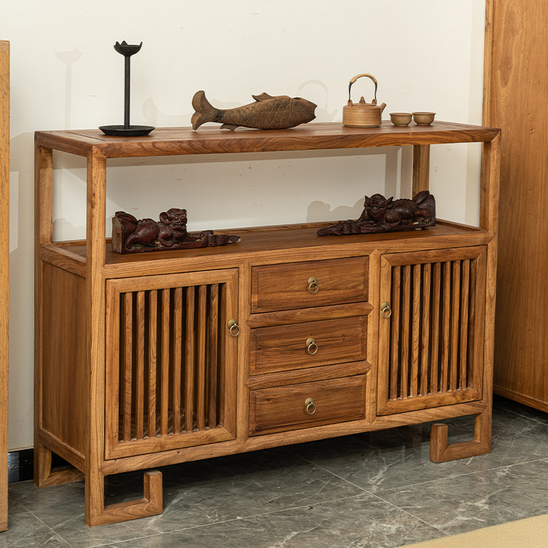 老榆木新中式实木茶水柜储物柜客厅家用靠墙茶室餐边柜入户玄关柜 - 图1