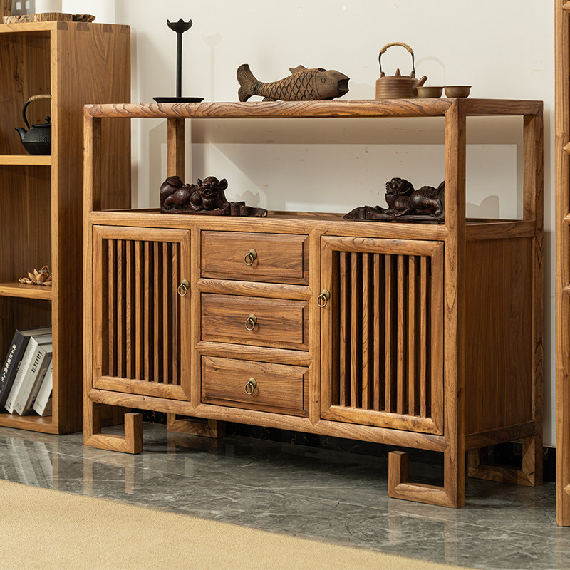 老榆木新中式实木茶水柜储物柜客厅家用靠墙茶室餐边柜入户玄关柜 - 图0