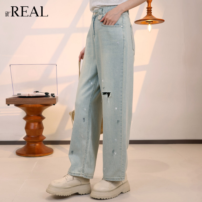 it'real瑞尔夏新款薄美式复古破洞牛仔裤女浅蓝色老爹哈伦长裤,淘宝优惠券,粉丝福利购,淘宝优惠卷