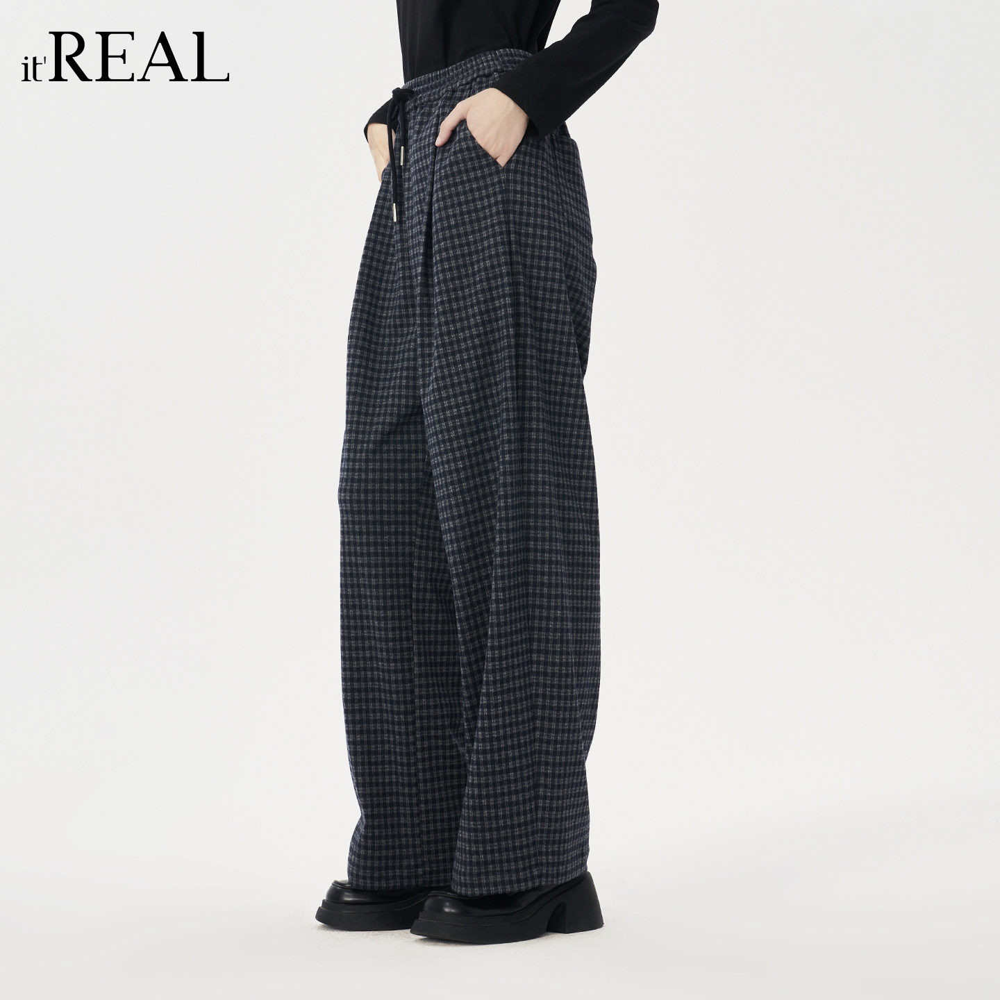 it'real瑞尔25冬季新款复古休闲高腰格纹阔腿长裤女下装,淘宝优惠券,粉丝福利购,淘宝优惠卷