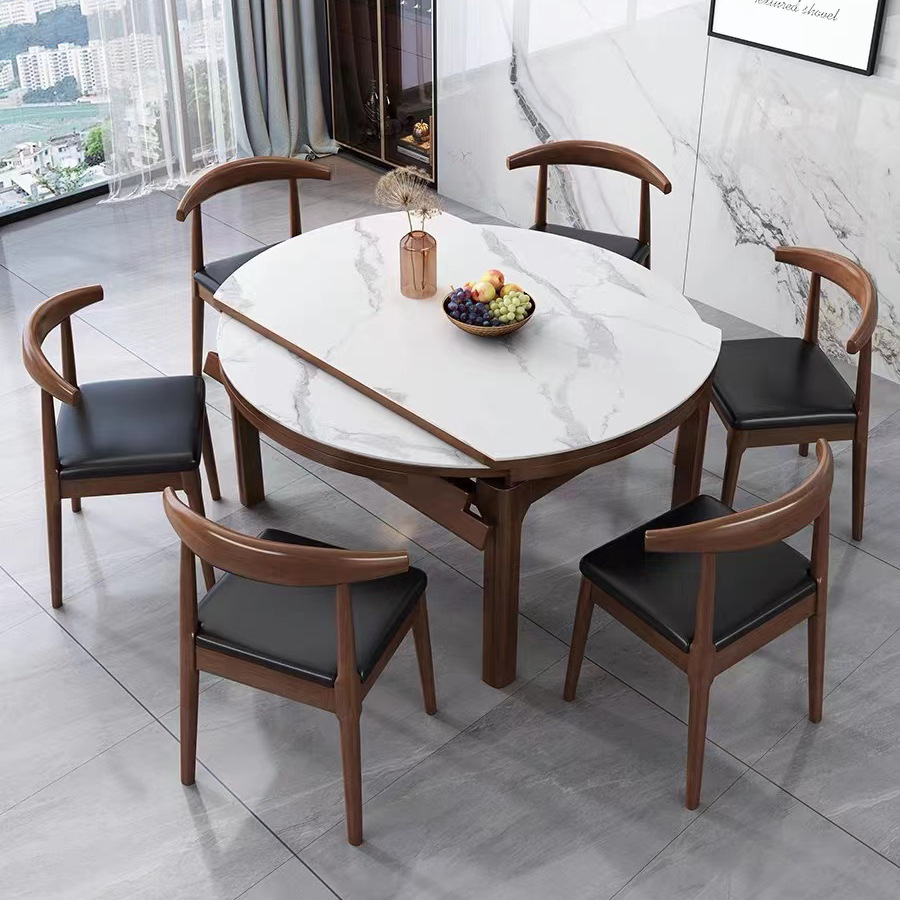伸缩餐桌椅组合北欧全实木饭桌长方形家用板变现代简约折叠岩圆桌