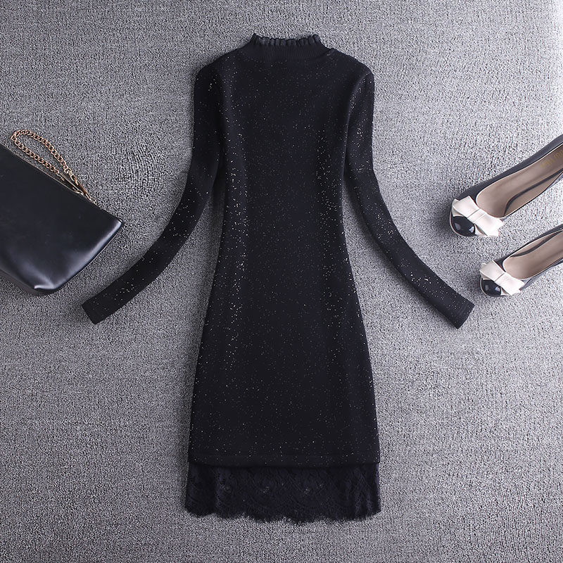 加绒加厚蕾丝修身长袖中长款打底衫 从度蕾丝衫/雪纺衫