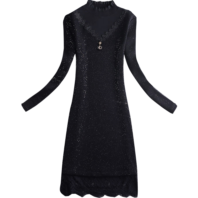 加绒加厚蕾丝修身长袖中长款打底衫 从度蕾丝衫/雪纺衫