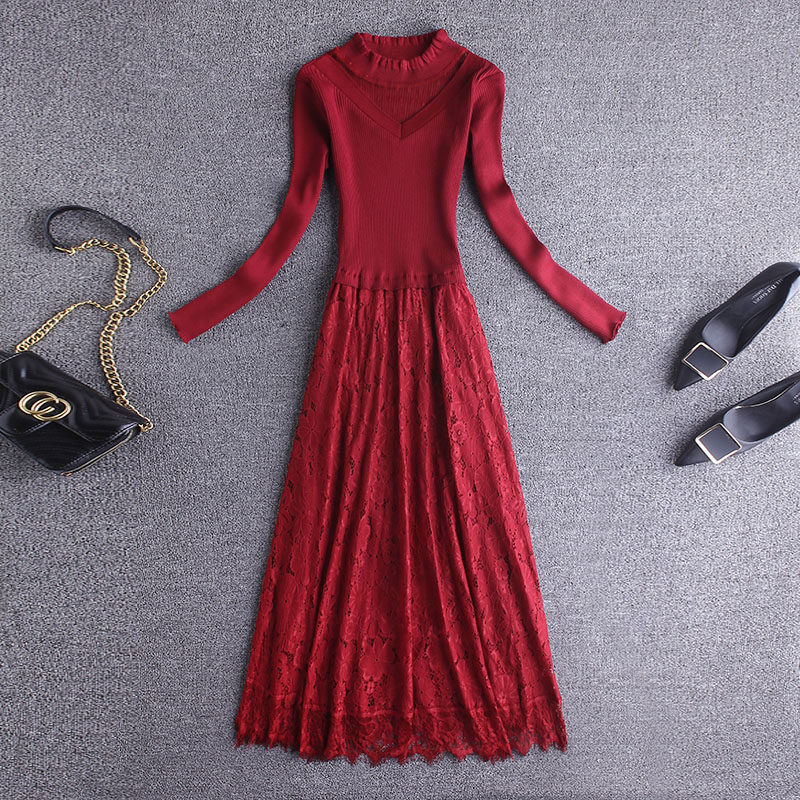 蕾丝针织连衣裙秋冬季2020新款毛衣 从度连衣裙