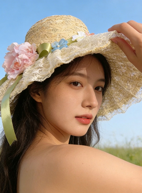 法式花朵拉菲草帽女大檐防晒