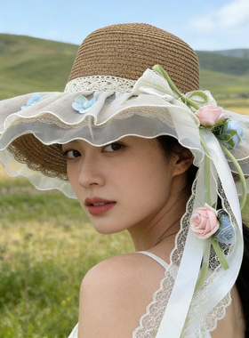 夏季女蕾丝飘带遮阳防晒草帽