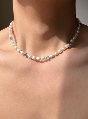 蓝色十字架珍珠项链男款高级感