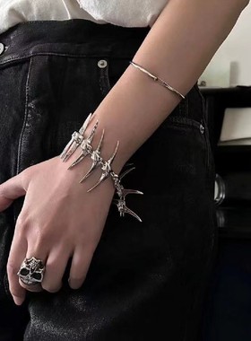 荆棘鱼骨角刺尖牙银色手链男女