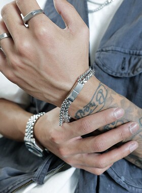 双层磁扣钛钢男士手链男潮嘻哈