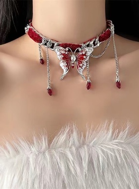 新中式小众红丝绒蝴蝶流苏项链