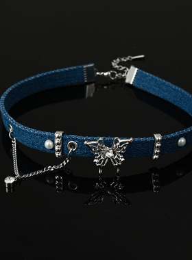 蓝色牛仔朋克风蝴蝶项圈项链女