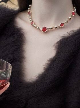 哥特血红色串珠项链T恤锁骨链
