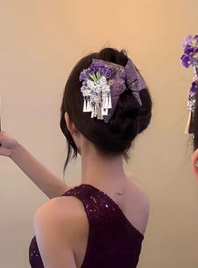 紫苑凝香~民族风紫色绸带花朵抓夹苗银流苏鲨鱼夹后脑勺盘发发饰