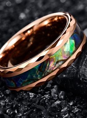 8mm钨金戒指镶嵌彩色天然鲍鱼壳18k玫瑰纯手工批花打磨男女戒指