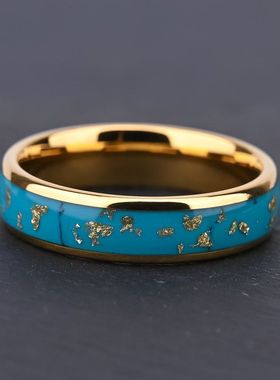 跨境镶钨钢绿松石6戒指加情侣宽电金色戒指新款女款金箔